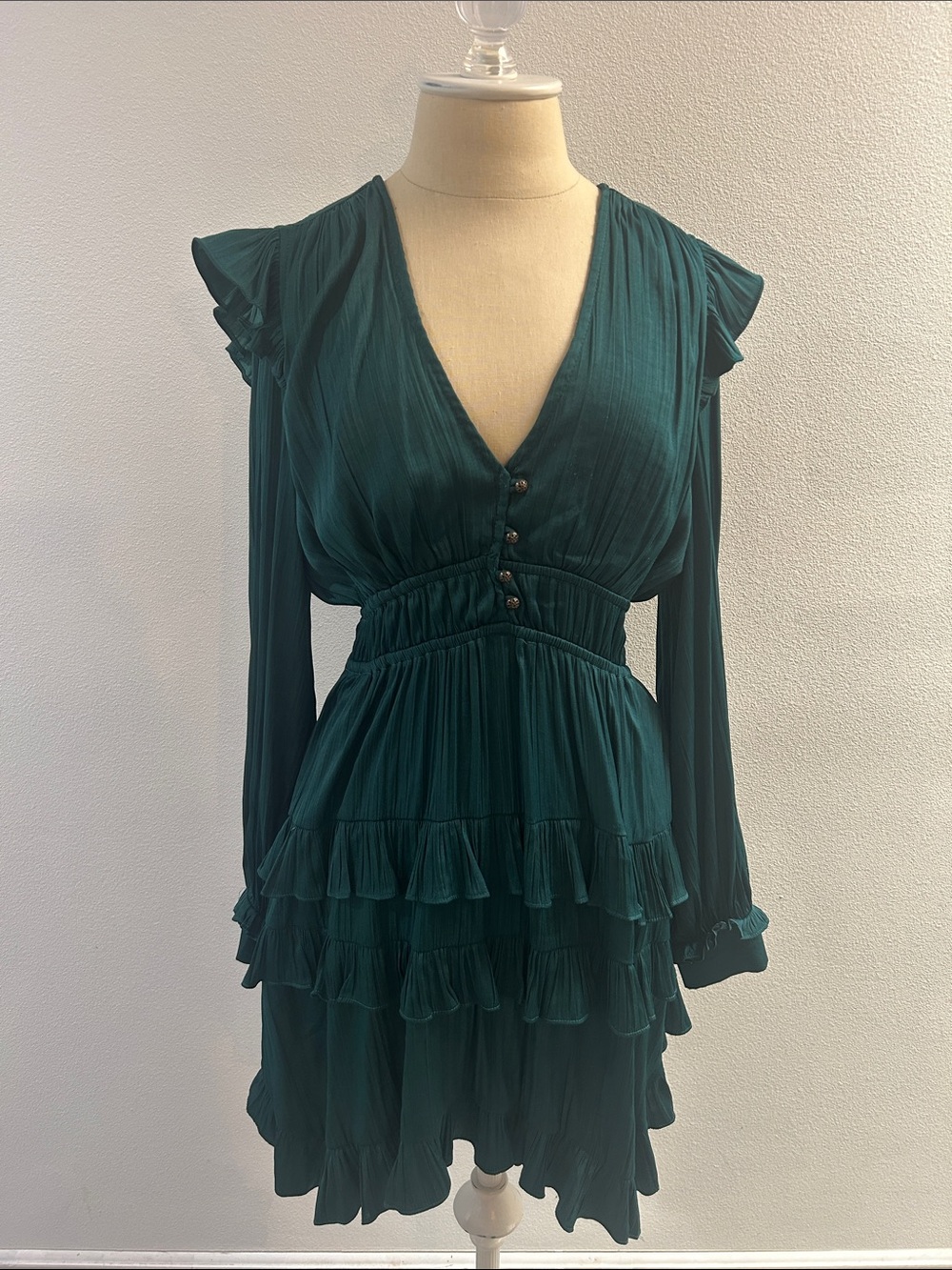 Anthropologie Teal Green Long-Sleeve Tiered Ruffle Dress